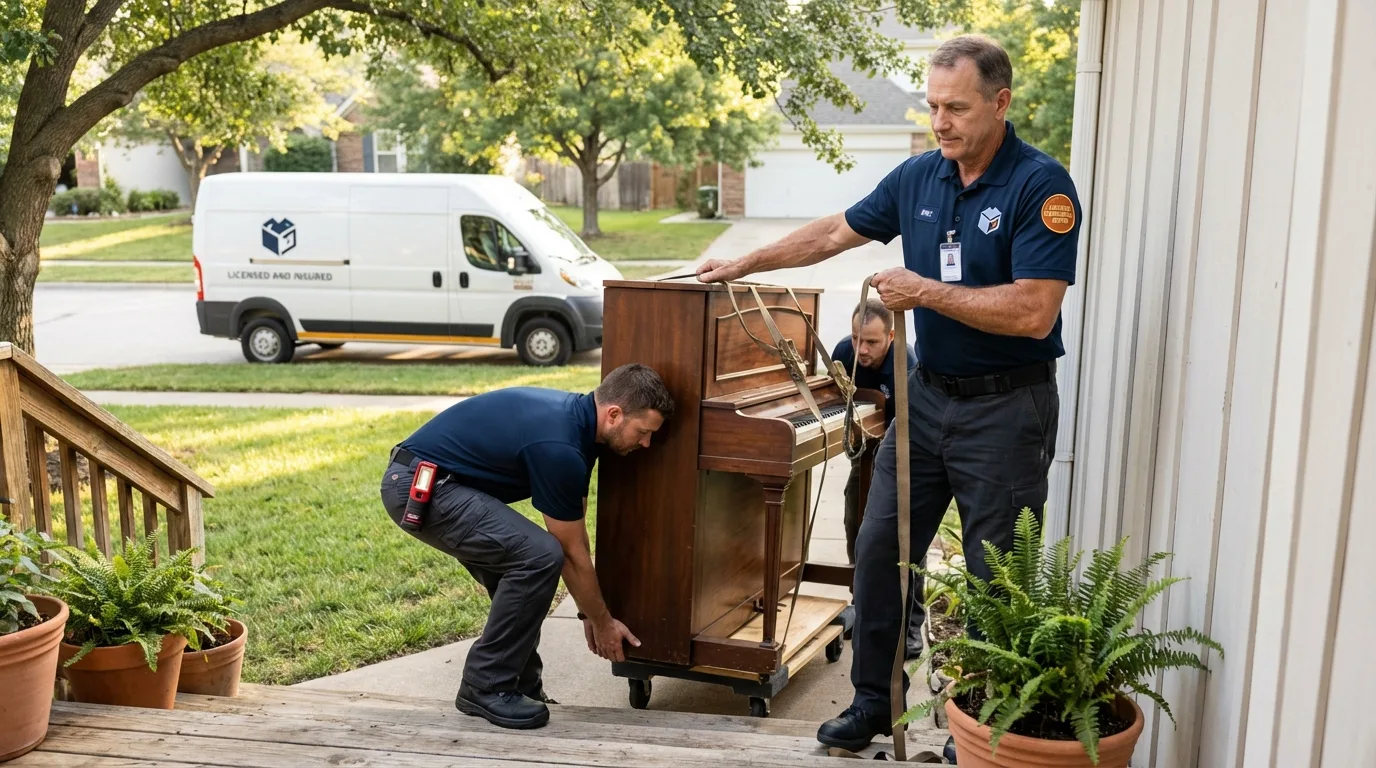 Licensed piano movers securing grand piano in Pelham, NY