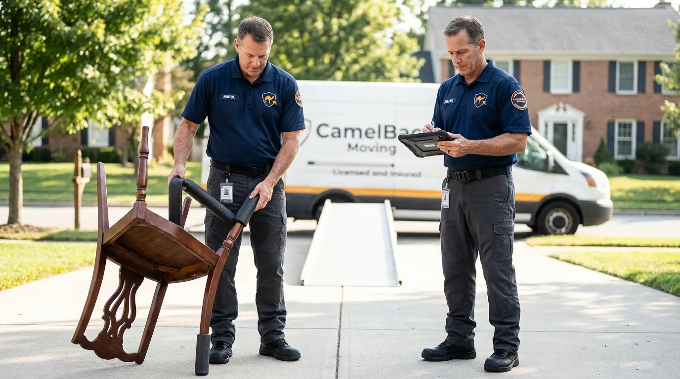 Movers inspecting furniture for damage prevention before loading in Pelham, NY