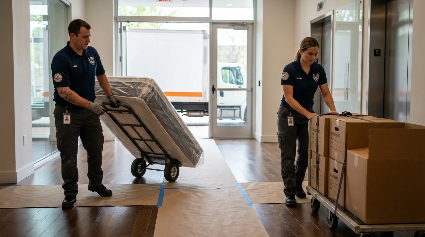 Professional apartment movers loading elevator in Pelham, NY